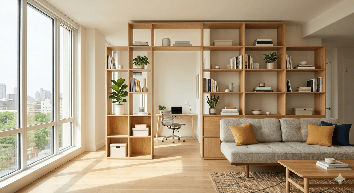 A modern, multi-functional room with modular shelving and a convertible sofa desk