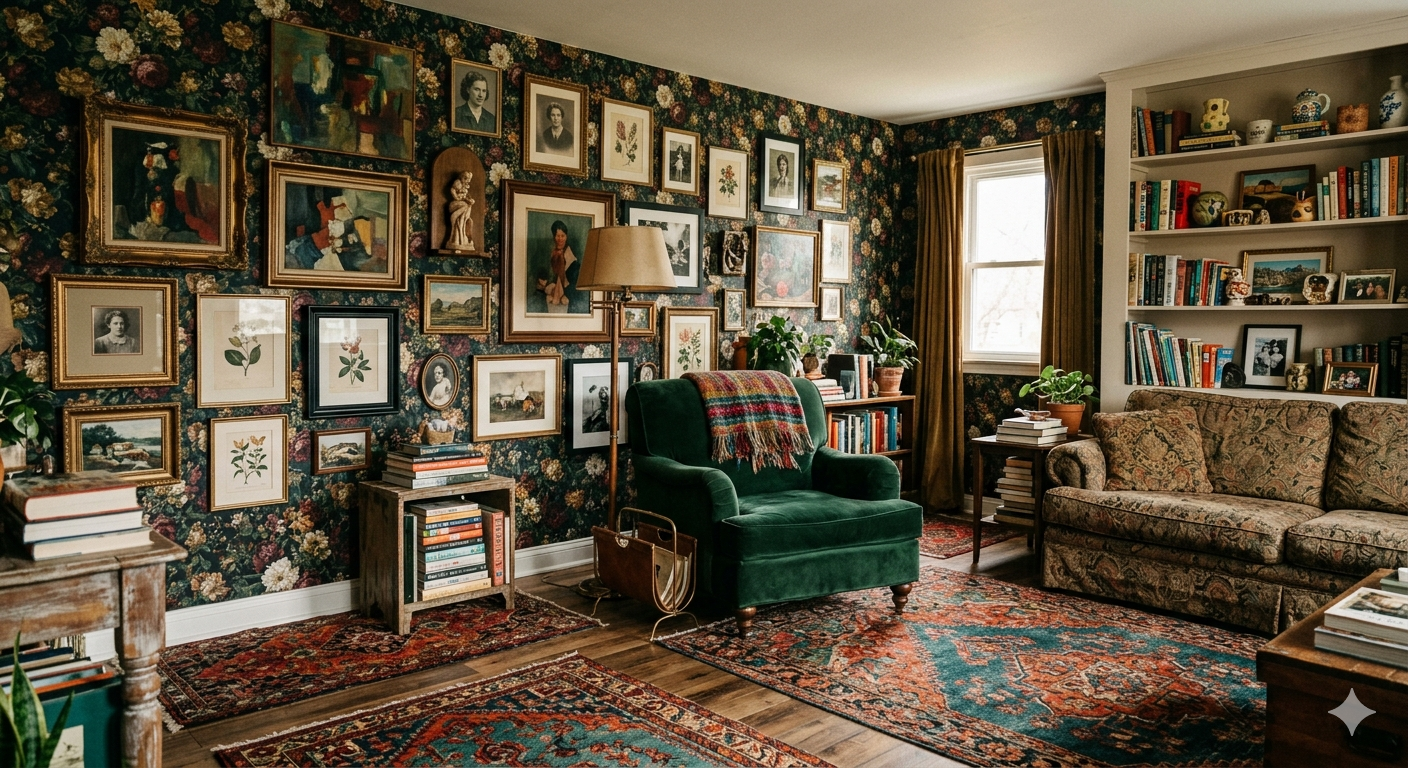 A curated maximalist living room with rich wallpaper, gallery wall, and colorful layered textiles