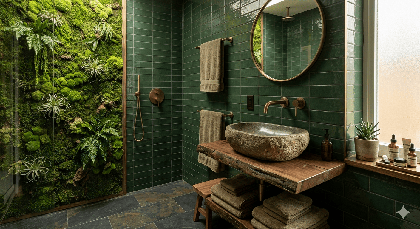 A luxurious bathroom featuring a moss wall, dark green tiles, and natural stone sink