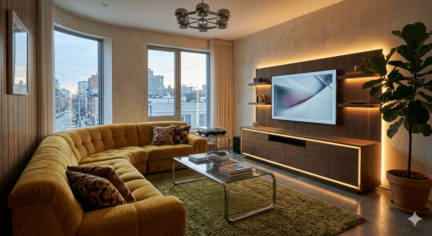 A living room with a curved 1970s style mustard sofa and a sleek, hidden technology entertainment center